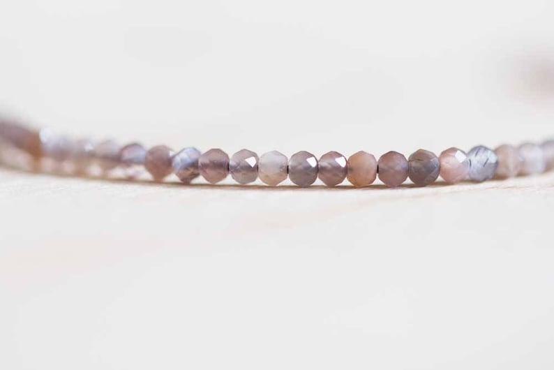 Dainty Brown Moonstone Stretch Bracelet, Delicate Grey Chocolate Gemstone Jewelry, Faceted Beads on Elastic Cord