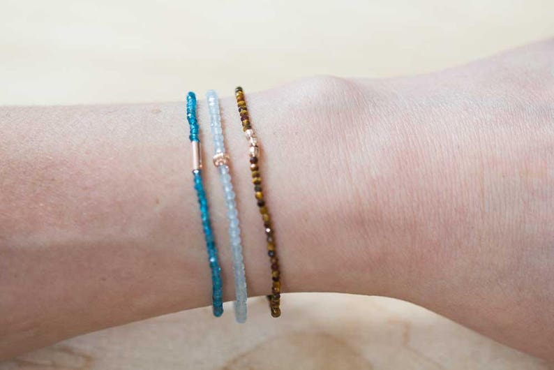 Tiger Eye Stretch Bracelet, Beaded Gemstone Elastic Stacking Bracelet, Delicate Faceted Small Beads, Brown Gemstone