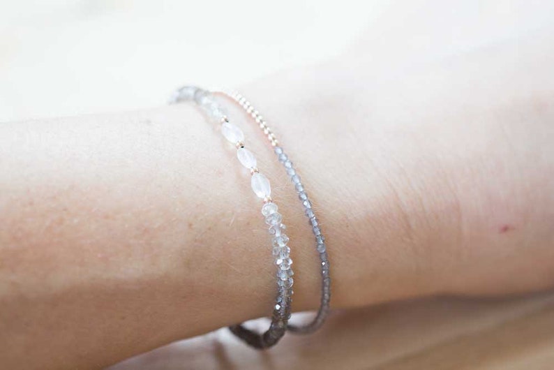 Grey Moonstone Bracelet with Sterling Silver or Rose Gold Filled, Delicate Gemstone Skinny Stacking Jewelry