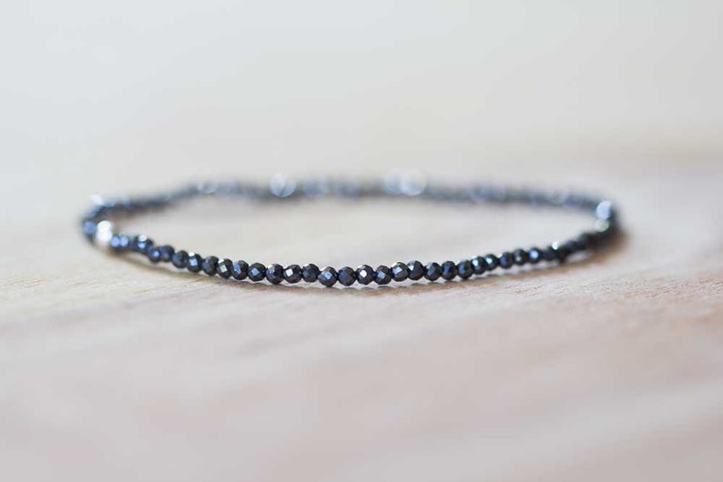 Delicate Hematite Stretch Bracelet, Faceted Tiny Beaded Black Gemstone Jewelry, Elastic Bracelet