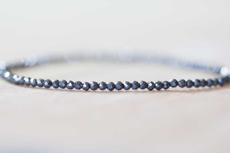Delicate Hematite Stretch Bracelet, Faceted Tiny Beaded Black Gemstone Jewelry, Elastic Bracelet