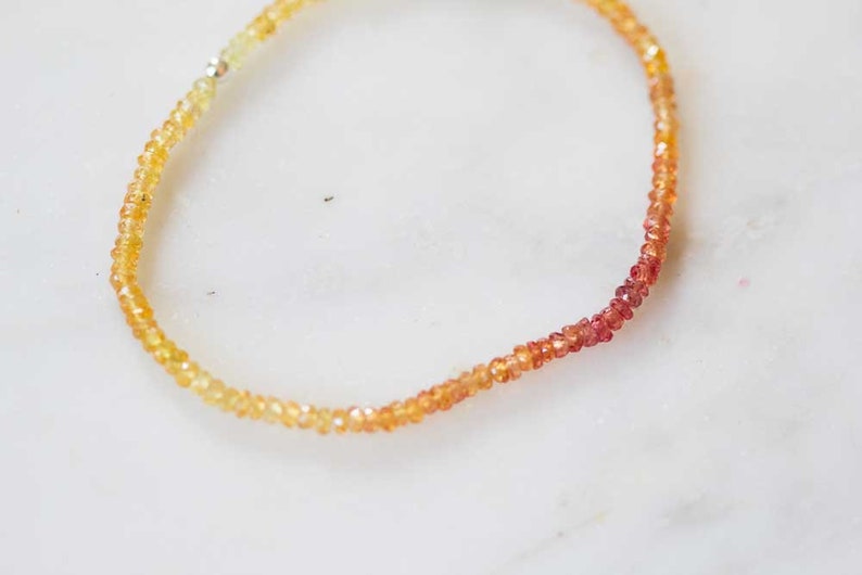 Yellow, Orange and Red Sapphire Stretch Bracelet, September Birthstone Beaded Elastic Jewelry, Dainty Padparadscha Sapphires
