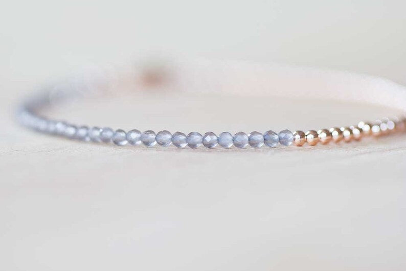 Grey Moonstone Bracelet with Sterling Silver or Rose Gold Filled, Delicate Gemstone Skinny Stacking Jewelry