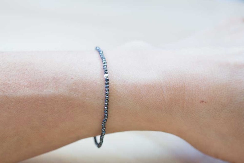 Delicate Hematite Stretch Bracelet, Faceted Tiny Beaded Black Gemstone Jewelry, Elastic Bracelet