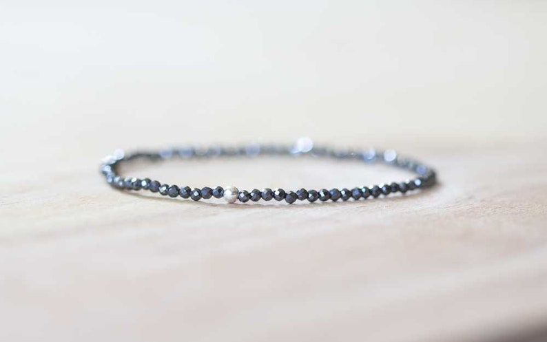 Delicate Hematite Stretch Bracelet, Faceted Tiny Beaded Black Gemstone Jewelry, Elastic Bracelet