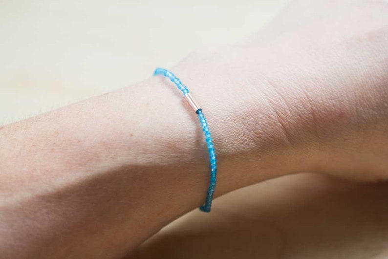 Peacock Apatite Stretch Bracelet, Delicate Beaded Blue Gemstone Skinny Bracelet