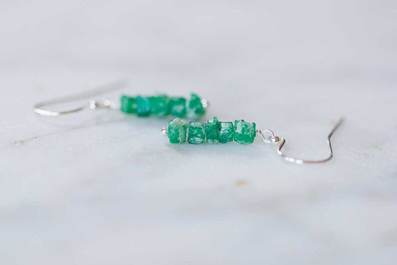 Rough Emerald Earrings, Rose Gold Filled or Sterling Silver, Raw Green Gemstone Jewelry, May Birthstone Dangle Stack