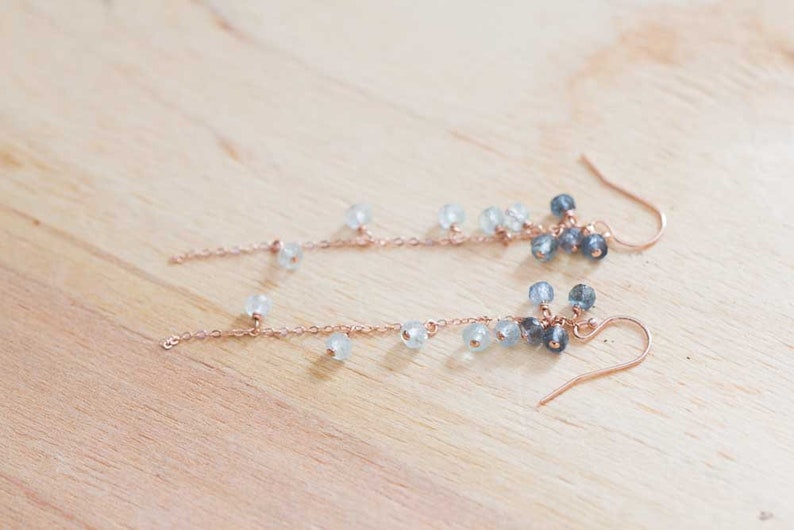 Moss Aquamarine Dangle Earrings, Delicate Sterling Silver or Rose Gold Filled Cluster Earrings