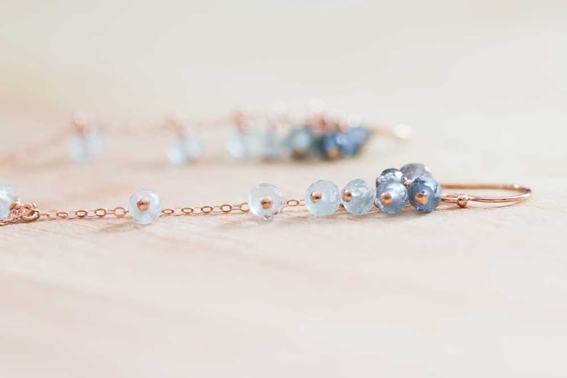Moss Aquamarine Dangle Earrings, Delicate Sterling Silver or Rose Gold Filled Cluster Earrings