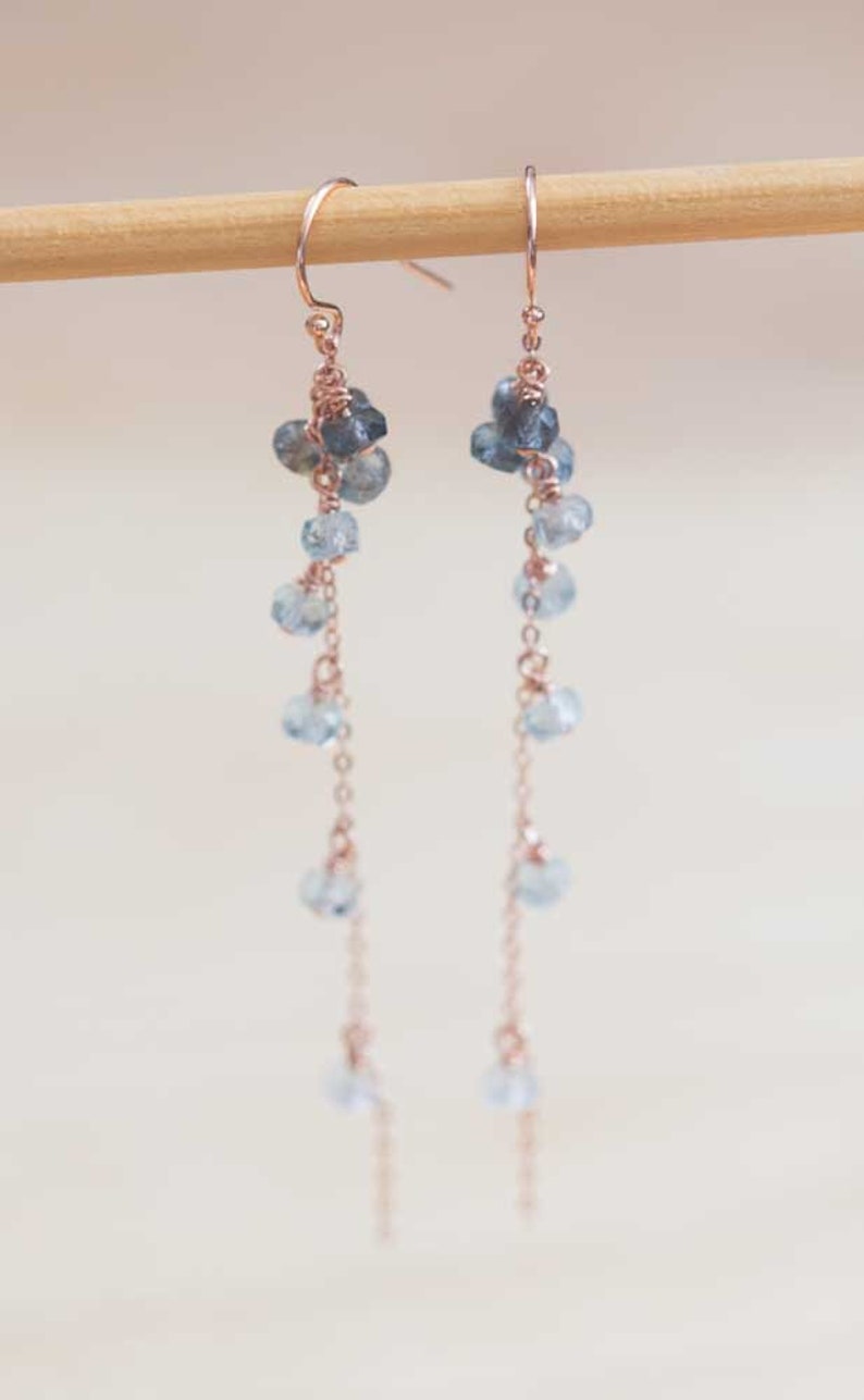 Moss Aquamarine Dangle Earrings, Delicate Sterling Silver or Rose Gold Filled Cluster Earrings