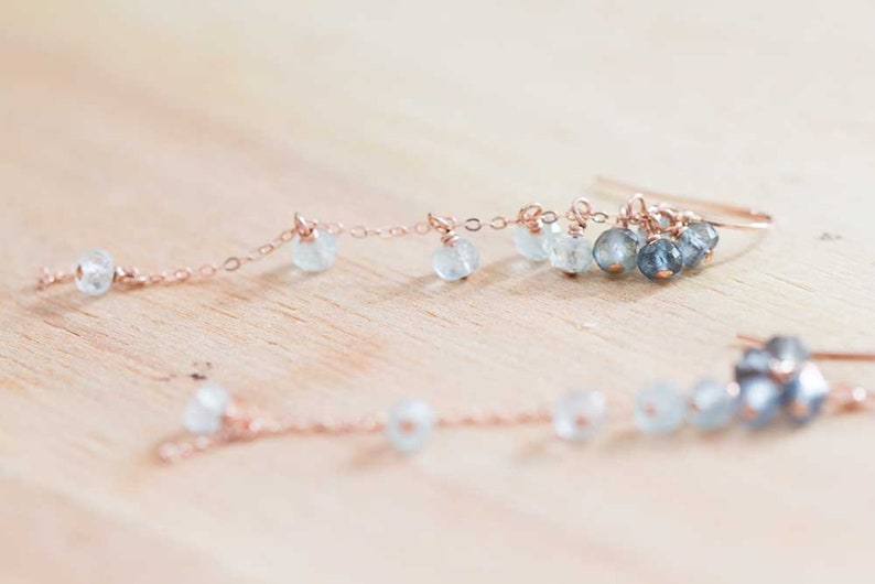 Moss Aquamarine Dangle Earrings, Delicate Sterling Silver or Rose Gold Filled Cluster Earrings