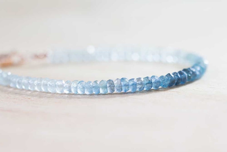 Moss Aquamarine Bracelet, Shaded Beaded Aquamarine Jewelry, Dainty March Birthstone Stackable Bracelet