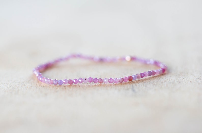 Dainty Pink Sapphire Stretch Bracelet, Delicate Beaded Genuine Gemstone Jewelry