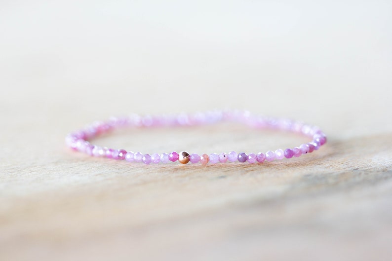 Dainty Pink Sapphire Stretch Bracelet, Delicate Beaded Genuine Gemstone Jewelry