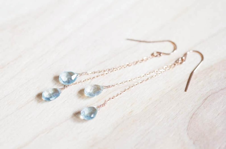 Aquamarine Earrings on Rose Gold Filled or Sterling Silver Earwire, Long Blue Genuine Gemstone Dangle Earrings, March Birthstone Jewelry