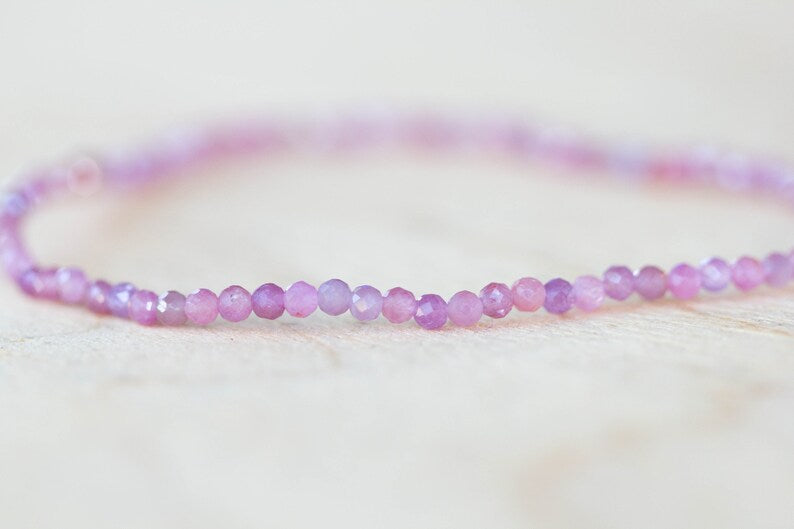 Dainty Pink Sapphire Stretch Bracelet, Delicate Beaded Genuine Gemstone Jewelry