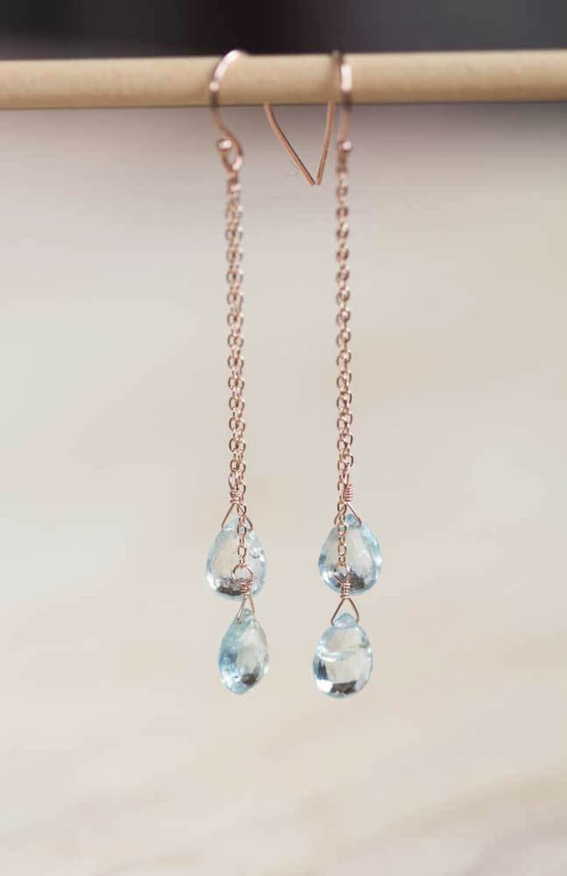 Aquamarine Earrings on Rose Gold Filled or Sterling Silver Earwire, Long Blue Genuine Gemstone Dangle Earrings, March Birthstone Jewelry
