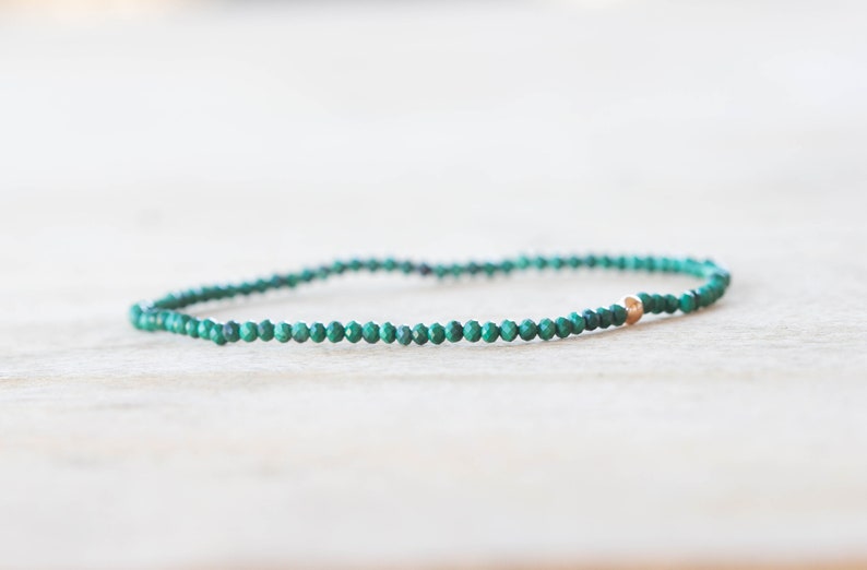 Malachite Stretch Bracelet, Delicate Beaded Green Gemstone Jewelry, Genuine Small Faceted Gemstones