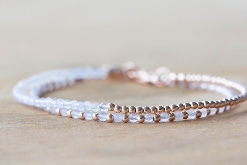 Delicate Chalcedony Bracelet Set, Sterling Silver or Rose Gold Filled, Dainty Powder Blue Gemstone Jewelry