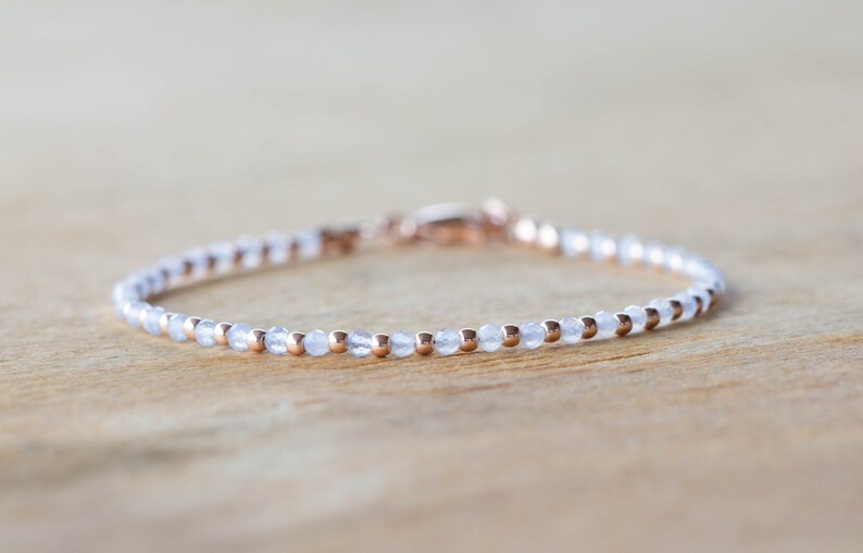 Delicate Chalcedony Bracelet Set, Sterling Silver or Rose Gold Filled, Dainty Powder Blue Gemstone Jewelry