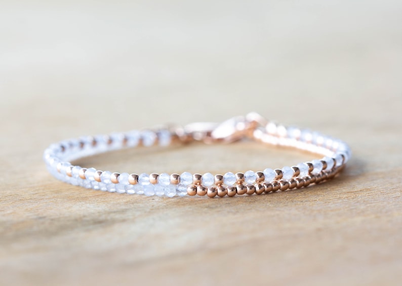 Delicate Chalcedony Bracelet Set, Sterling Silver or Rose Gold Filled, Dainty Powder Blue Gemstone Jewelry