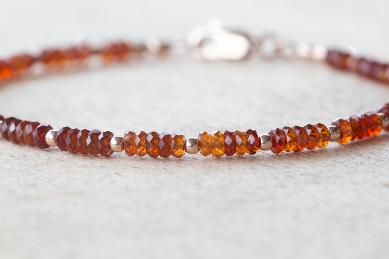 Hessonite Garnet Bracelet with Rose Gold Fill or Sterling Silver, Delicate Gemstone Beaded Jewelry, January Birthstone