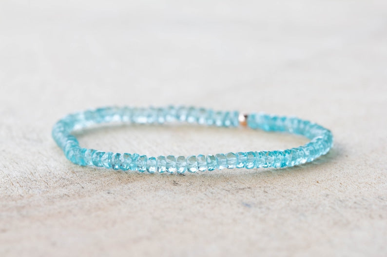 Aqua Apatite Stretch Bracelet, Dainty Blue Beaded Gemstone Elastic Stacking Jewelry