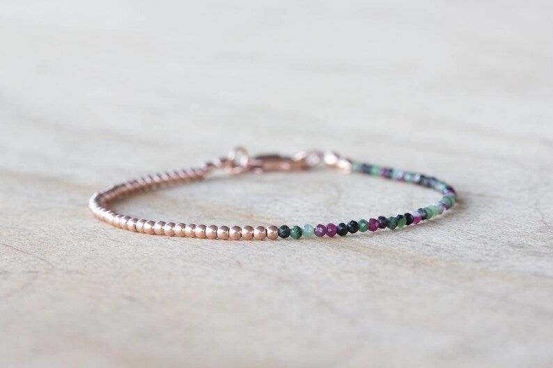 Ruby Zoisite Bracelet Set, Sterling Silver or Rose Gold Filled, Delicate Dainty Gemstone Jewelry