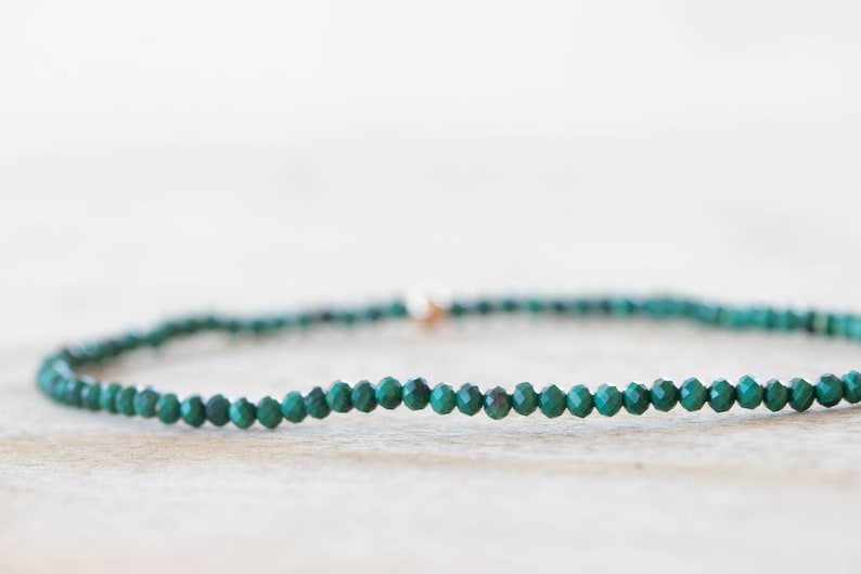 Malachite Stretch Bracelet, Delicate Beaded Green Gemstone Jewelry, Genuine Small Faceted Gemstones