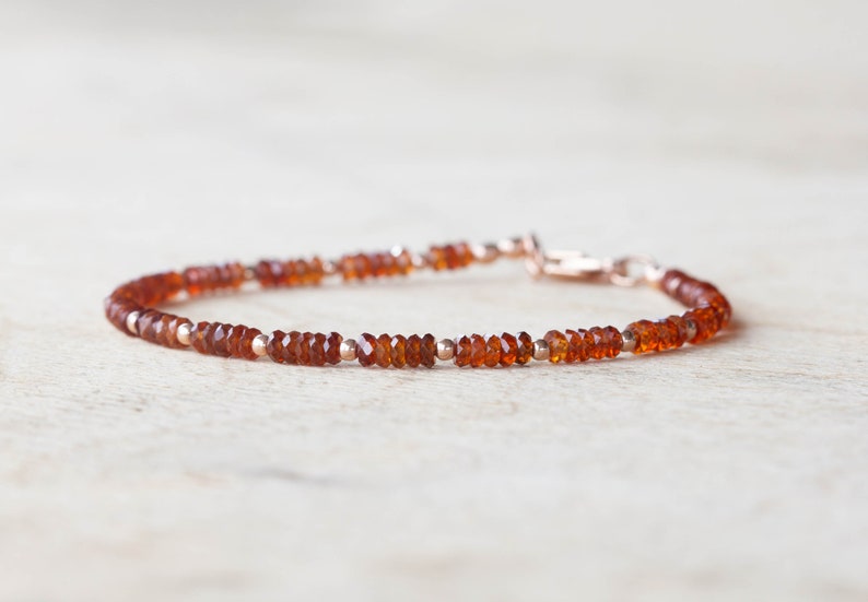 Hessonite Garnet Bracelet with Rose Gold Fill or Sterling Silver, Delicate Gemstone Beaded Jewelry, January Birthstone