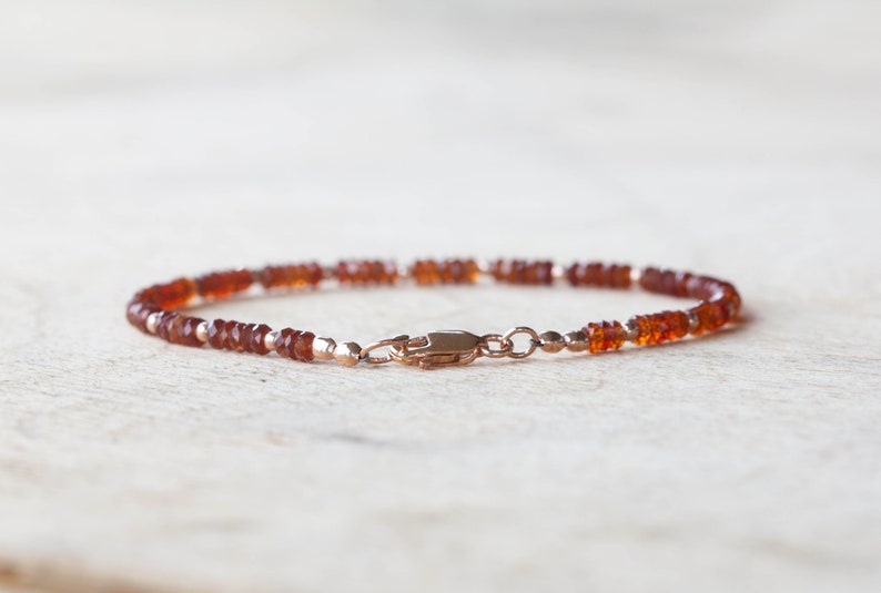 Hessonite Garnet Bracelet with Rose Gold Fill or Sterling Silver, Delicate Gemstone Beaded Jewelry, January Birthstone