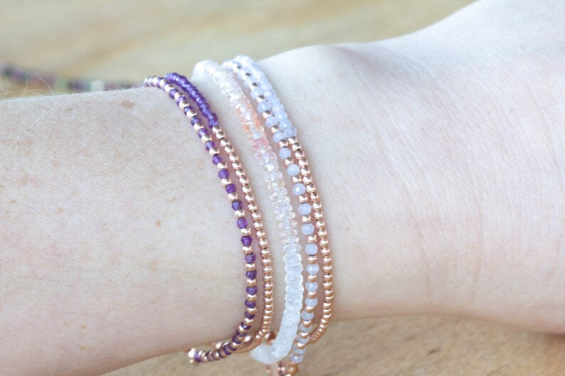 Delicate Chalcedony Bracelet Set, Sterling Silver or Rose Gold Filled, Dainty Powder Blue Gemstone Jewelry