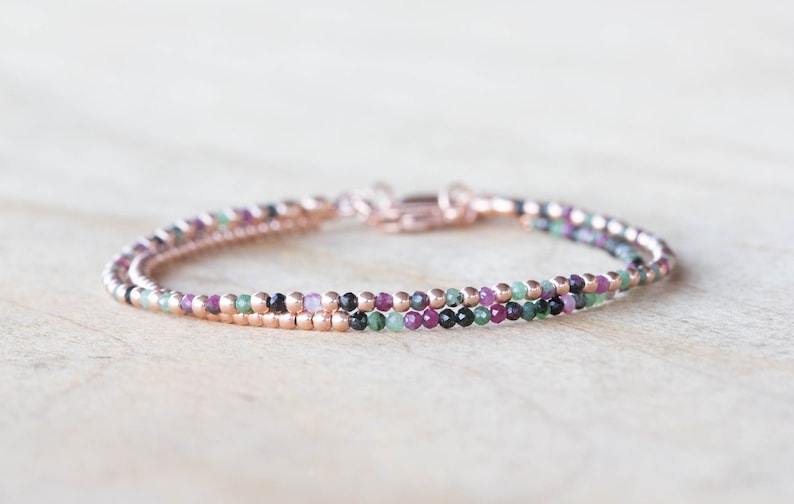 Ruby Zoisite Bracelet Set, Sterling Silver or Rose Gold Filled, Delicate Dainty Gemstone Jewelry