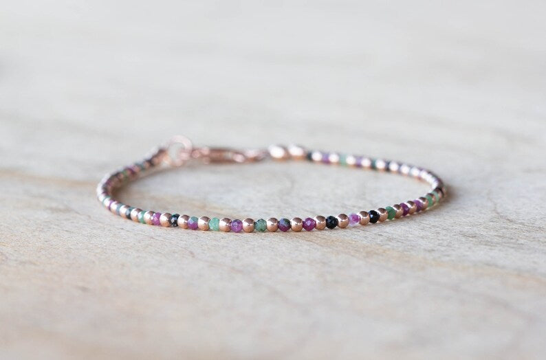 Ruby Zoisite Bracelet Set, Sterling Silver or Rose Gold Filled, Delicate Dainty Gemstone Jewelry