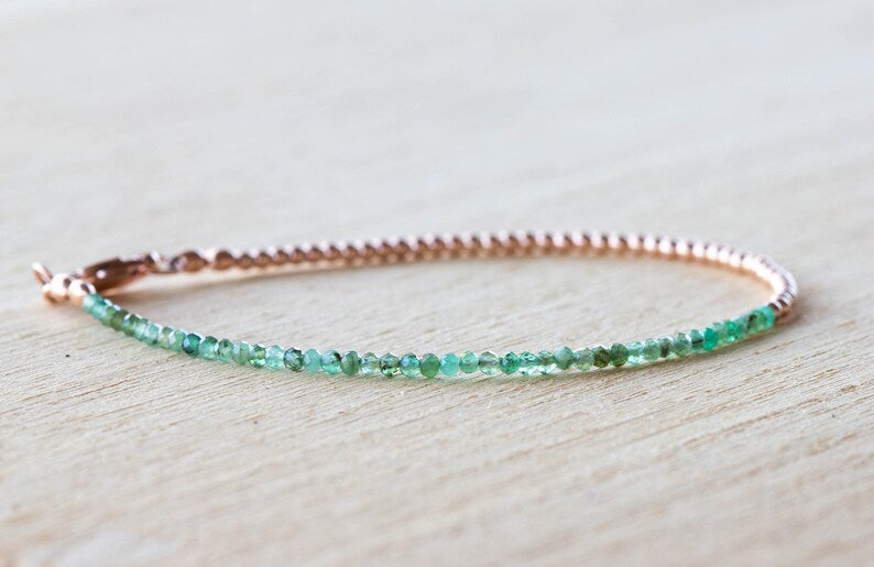 Emerald Bracelet Set, Sterling Silver or Rose Gold Filled, Ultra Delicate Natural Green Gemstone Jewelry, May Birthstone