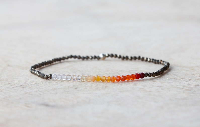Pyrite & Mexican Fire Opal Stretch Bracelet, Delicate Beaded Minimal Gemstone Jewelry, Claspless Elastic