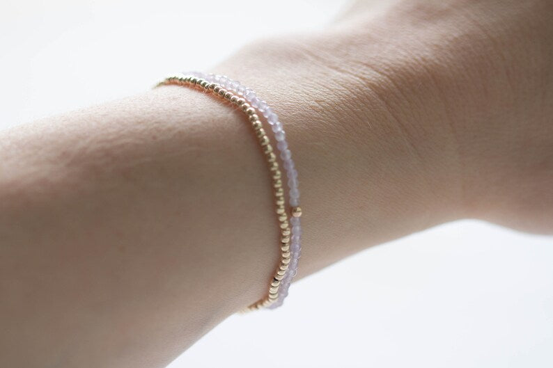 Gold Filled Beaded Bracelet, Dainty 2mm or 3mm Beads, Stretch Elastic Jewelry