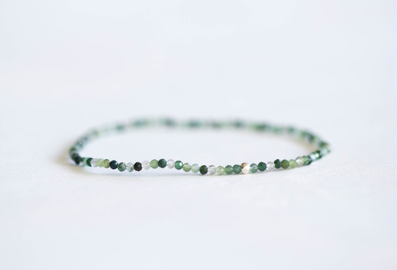 Moss Agate Stretch Bracelet, Ultra Delicate Beaded Gemstone Jewelry