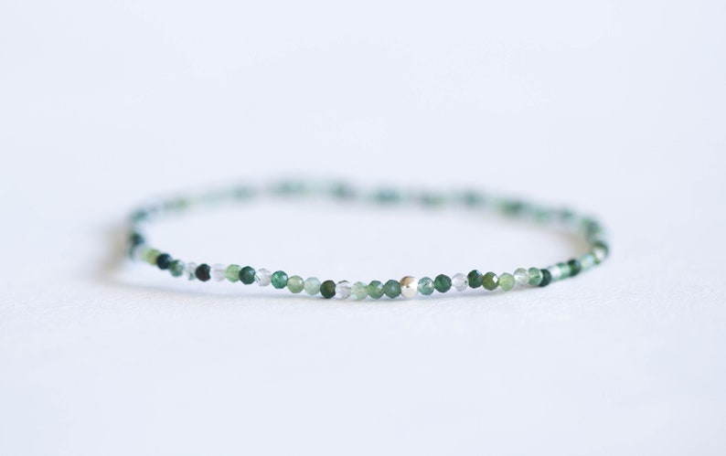 Moss Agate Stretch Bracelet, Ultra Delicate Beaded Gemstone Jewelry