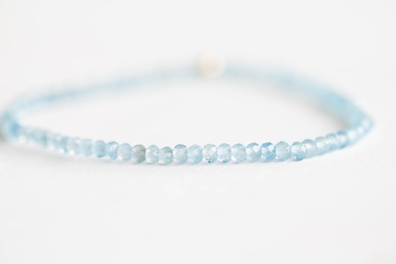 Aquamarine Stretch Bracelet, Dainty Beaded Blue Stone Jewelry, March Birthstone Crystal Gift