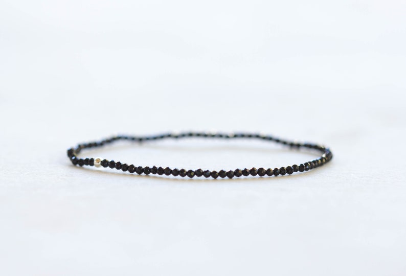 Dainty Black Tourmaline Stretch Bracelet, Ultra Delicate Faceted Beaded Gemstone Jewelry