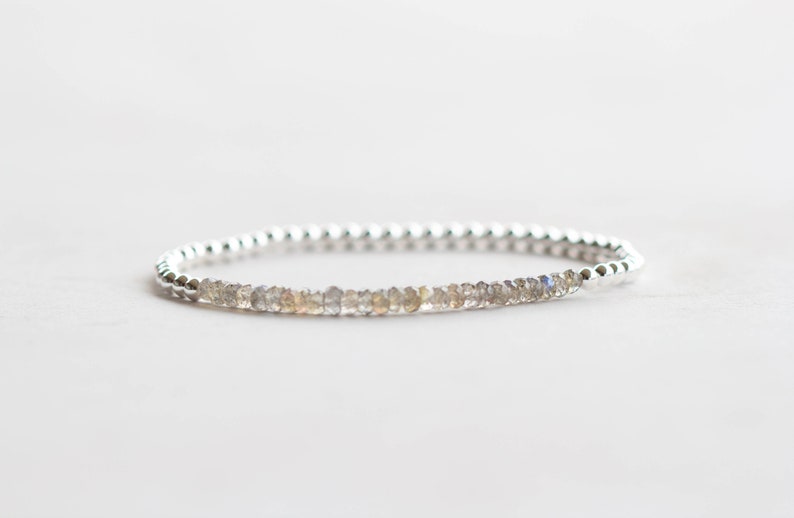 Labradorite Stretch Bracelet, Sterling Silver or Rose Gold Fill, Beaded Dainty Labradorite Jewelry, Elastic Stacking Bracelet