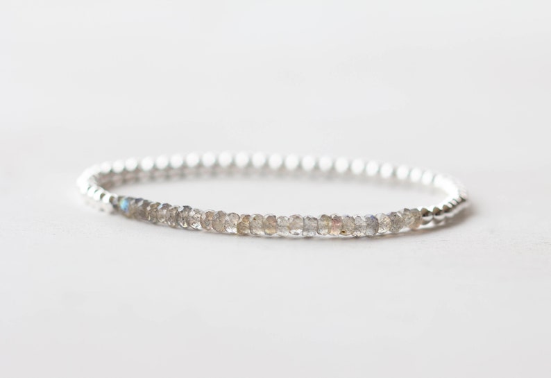 Labradorite Stretch Bracelet, Sterling Silver or Rose Gold Fill, Beaded Dainty Labradorite Jewelry, Elastic Stacking Bracelet