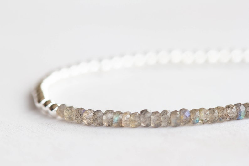 Labradorite Stretch Bracelet, Sterling Silver or Rose Gold Fill, Beaded Dainty Labradorite Jewelry, Elastic Stacking Bracelet