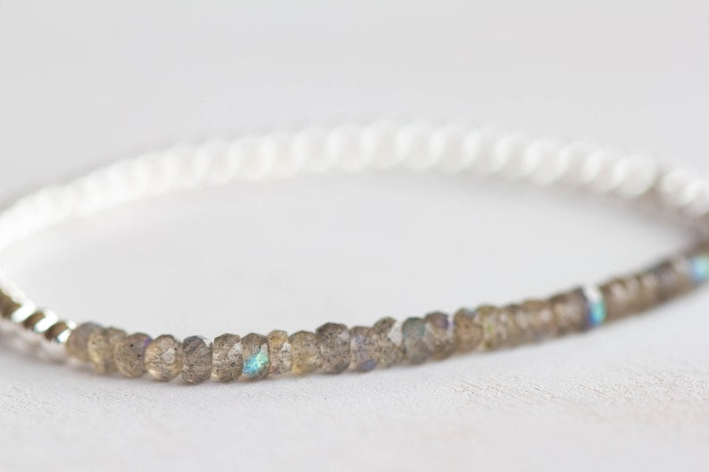 Labradorite Stretch Bracelet, Sterling Silver or Rose Gold Fill, Beaded Dainty Labradorite Jewelry, Elastic Stacking Bracelet
