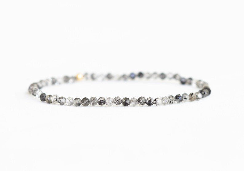 Black Rutilated Quartz Stretch Bracelet, Dainty Beaded Gemstone Jewelry