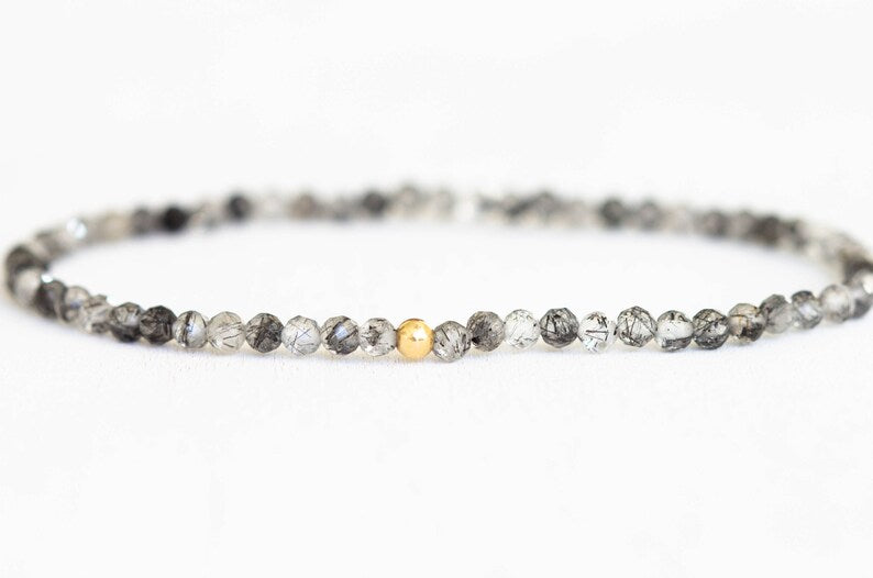 Black Rutilated Quartz Stretch Bracelet, Dainty Beaded Gemstone Jewelry