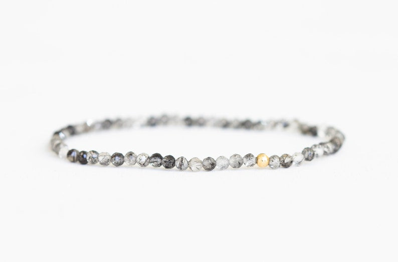 Black Rutilated Quartz Stretch Bracelet, Dainty Beaded Gemstone Jewelry