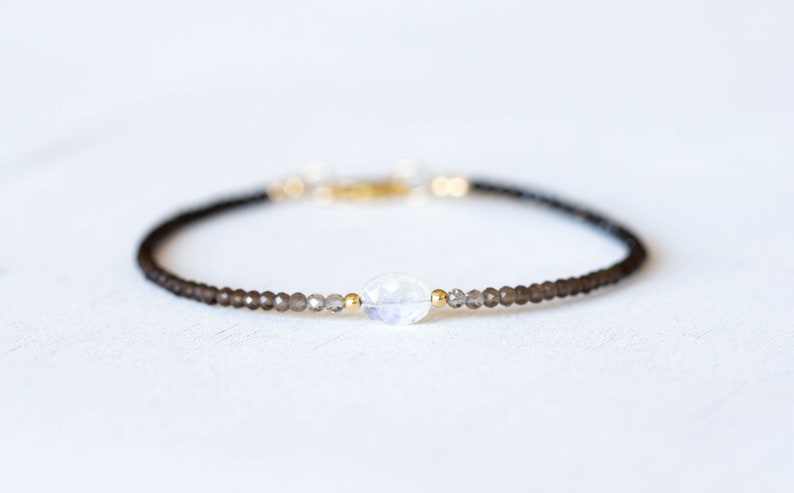 Smoky Quartz Bracelet with Rainbow Moonstone, Dainty Beaded Shaded Ombre Jewelry