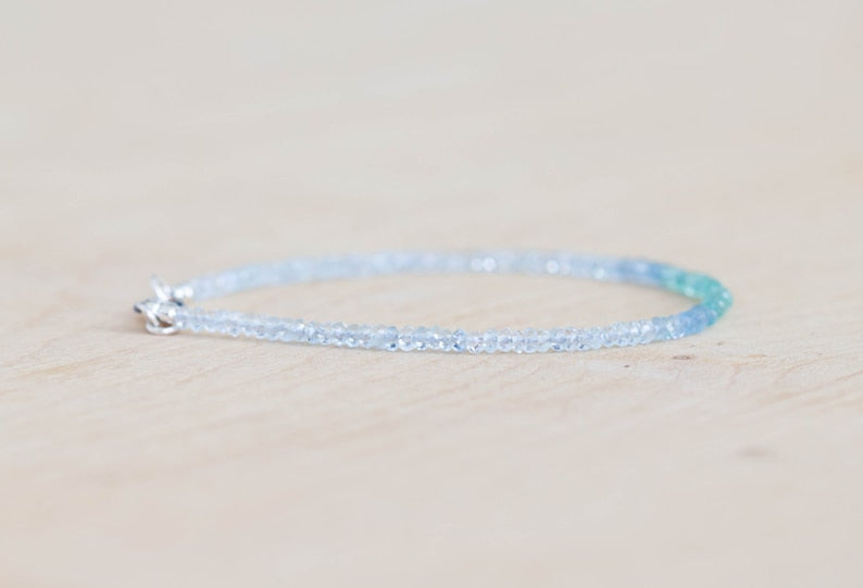 Emerald & Shaded Aquamarine Bracelet, Delicate March May Birthstone Jewelry, Sterling Silver Rose Gold Fill, Natural Genuine Gemstones